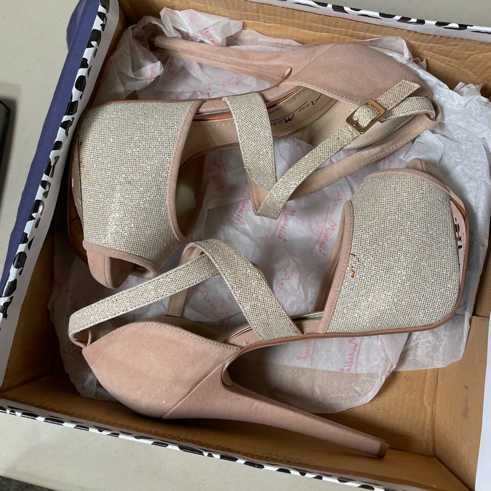 Anne Michelle Glitter Peeptoe High Heels (Beige/Pink)